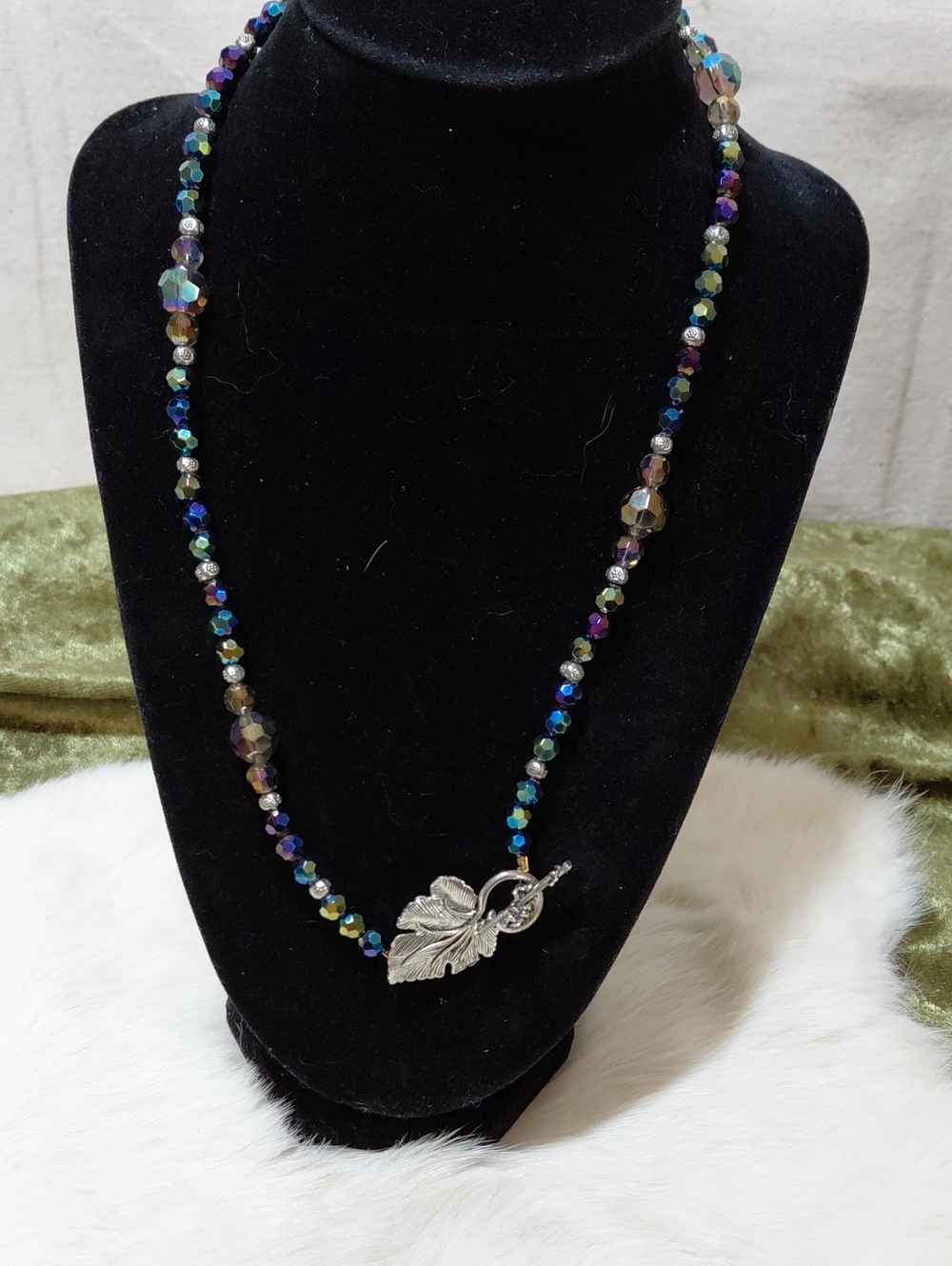 Hand Crafted Iridescent Crystal Necklace with Silver Leaf Clasp